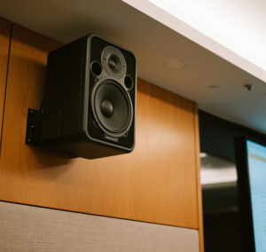 Wall-mounted speakers installed by an audio visual equipment supplier
